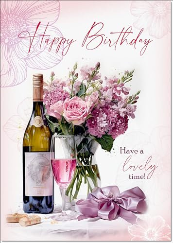 doodlecards Birthday Card for Her Roses and Red Wine Medium Size with Plain Envelope
