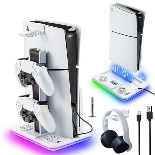 LYtech PS5 Slim Stand with Cooling Station and Controller Charging Station for Playstation 5 Slim Disc & Digital Console, PS5 Slim Accessories with 3 Levels Cooling Fan, RGB LED Light, Headset Holder