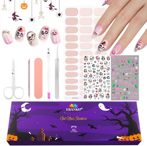 EBANKU Halloween Semi Cured Gel Nail Strips, 24PCS Stickers - Easy to Apply & Remove for Salon Quality Manicure | Nude Pink