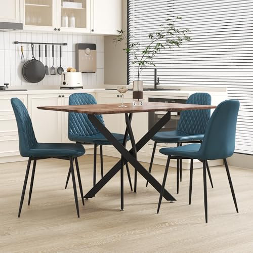 GOLDFAN Holz Esstisch Set 4 Esszimmerstühle Rechteck Esszimmertische und 4 Stühle Schwarze Metallbeine Kleines Wohnzimmer Büro Tisch Set, blau