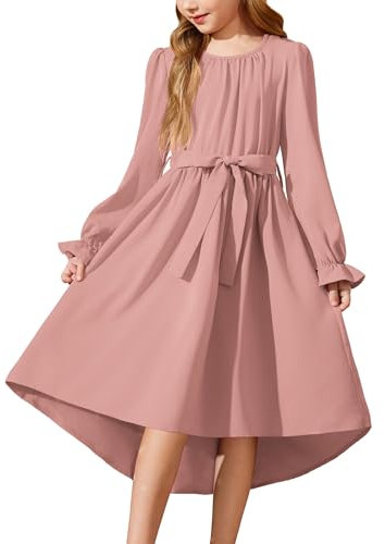 Arshiner Girls Chiffon Dress with Lantern Sleeves - Casual Princess Dress for School, Wedding, Birthday Parties - Pink, Size 9-10 Years