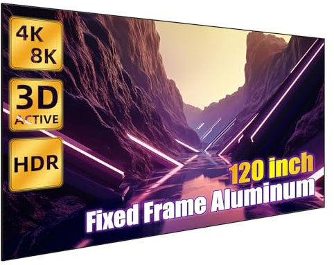Edge Free Fixed Frame Projector Screen 120 Inch, 178° Wide View Diagonal 16:9 4k 8k Ultra HD 3D Ready Fixed Projector Screen, Wall Mount for Indoor Movie Video Home Theater