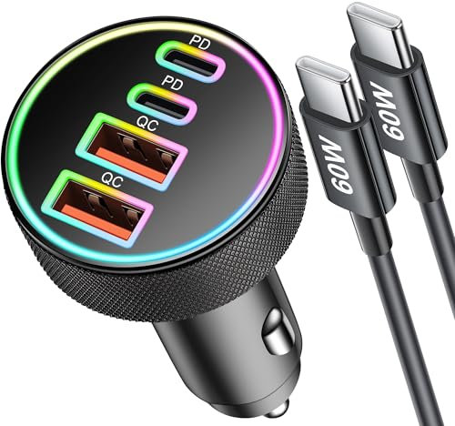 4-Ports 90W Chargeur Allume Cigare USB C, Double 45W+45W USB-C/A Voiture Adaptateur Prise 12V Rapide PD/QC avec 1M Câble pour Samsung Galaxy S25/S24/S23/S22/Ultra, iPhone 16 15 Pro Max/16e