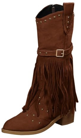 Stivali in pelle scamosciata con frange stivali alti al ginocchio con nappa, stivali lunghi e alti da infilare, stivali da cowboy da donna, stivali da cowboy con frangia western, a punta, tacco