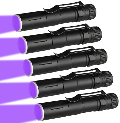 MODOAO Mini UV Taschenlampe mit Stiftclip,UV Licht Schwarzlicht Taschenlampe,Tragbarer Wasserdichter Schwarzlicht Haustiere Urin Detektor für Harzaushärtung, Haustierurinerkennung, Skorpion (5 Pack)