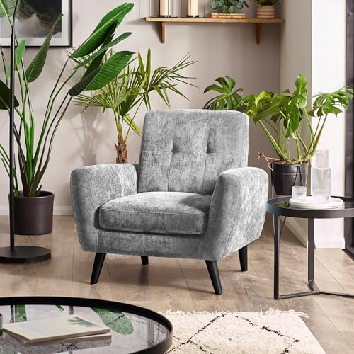 Julian Bowen Monza Armchair, Retro, Velvet, Light Grey - W85 x D81cm | Scandi Armchair for Living Room, Linen-Style Fabric, Deep Supportive Seat, Solid Wood and Steel Frame