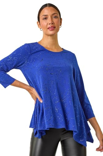 Roman Originals Floral Print Hanky Hem Stretch Top for Women UK - Ladies Everyday Holiday Spring Summer Round Neckline Comfy Soft Evening Vacation Work Party - Royal Blue Glitter - Size 20