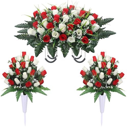 Lodou Artificial Cemetery Flower for Graves,Headstone Flower Saddle,Cemetery Memorial Flowers with Vase and 2 Memorial Bouquets for Grave Tombstone Headstone Decoration (Red White)