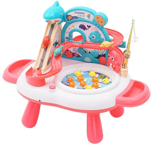 YULEYU Magnetisches Angelspiel Kletterrutsche Spielzeug, Kinder Fische Angeln Spiel mit Musik, interaktives Angeln Waschbecken Spielzeug Geschenk für Mädchen Jungen (Rosa)