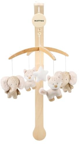 Nattou Mobile mit Spieluhr aus Holz und Polyester, Fuchs und Elefant, Sanftes Wiegelied La-Le-Lu, Ca. 50 cm, Flo, Oli & Ernest, Flo Beige