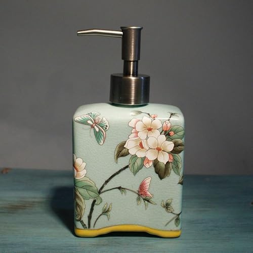Dispensador de jabón de cerámica hecho a mano para baño, cocina, ducha, forma cuadrada, decorativo, pintura china vintage, rellenable, bomba de loción para manos, botella para jabón líquido, champú