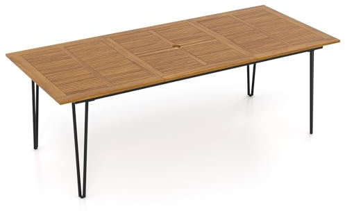 COSTWAY Outdoor Dining Table for 8, 200 x 90cm/220 x 95cm Acacia Wood Garden Table with Slatted Tabletop, Umbrella Hole, Metal Legs & Adjustable Foot Pads, Rectangular Bistro Patio Tables(220x95x75cm)