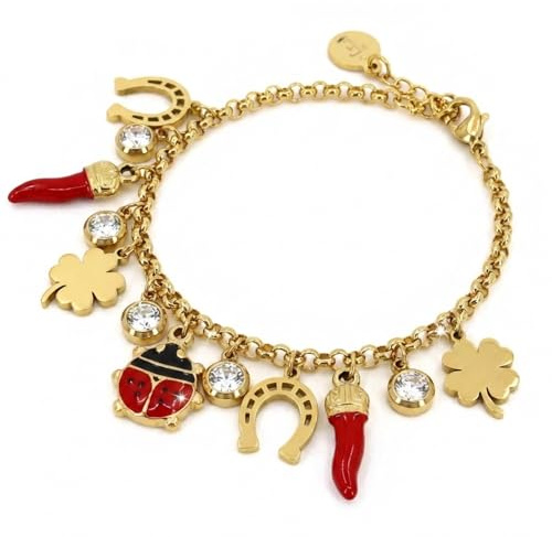 LA CORNE ITALIENNE Armband Fortuna Kette aus Stahl, silberfarben, Corno Corona, Quadrifoglio, Ferro di Cavallo und Marienkäfer aus Stahl, Einheitsgröße, Edelstahl, Zirkonia