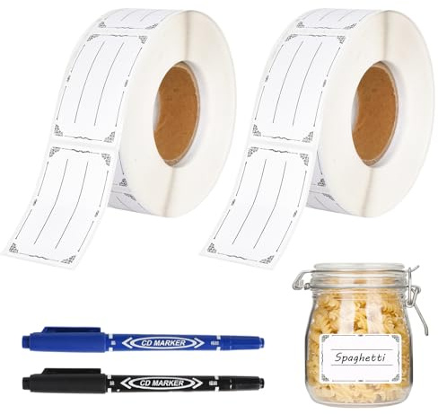 Etiketten Selbstklebend, 1200 Stück Aufkleber Zum Beschriften Weiß 50 X 30 mm, Wasserfeste Etiketten Klebeetiketten Haushaltsetiketten Tiefkühletiketten mit 2 Marker für Gläser Marmelade Einmachgläser