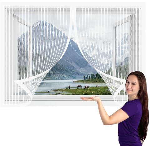 Moustiquaire Magnétique pour Porte Fenêtre 118 x 121 cm Maille Ultra Fine Respirantes Maille Ultra Fine pour Porte Fenêtre de Balcon Camping-Car, Blanc