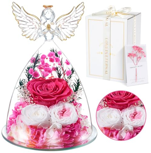 Touloube Ewige Rose Geschenke | Ewige Rose in Engel Glaskuppel mit Einer wunderschönen Geschenkbox | Konservierte Blumen Handgemachte Infinity Rose für Frauen Freundin Mutter zu Weihnachten, Rosa