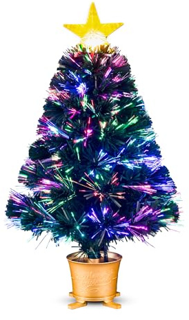 YUETJIN Mini árbol de Navidad artificial de fibra óptica preiluminado de 24 pulgadas, pequeño árbol de Navidad con decoraciones de estrellas, color dorado