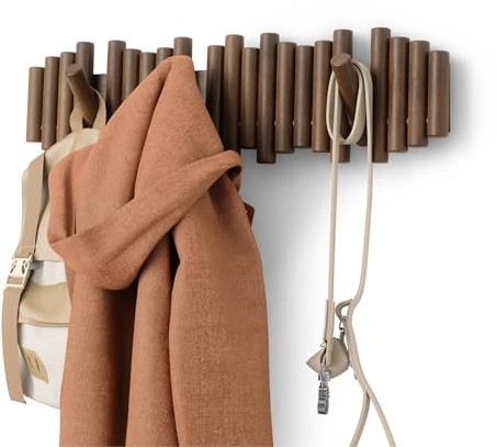 Umbra Picket Garderobenhaken Wandgarderobe, 8 Klapphaken, Walnuss | Kiefernholz, klappbare Haken bis 2,3 kg Tragkraft, Montagezubehör enthalten, für Jacken, Taschen und Schmuck
