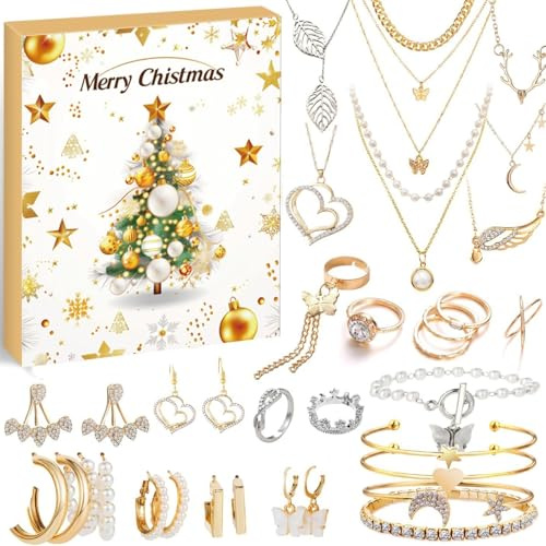 Adventskalender-Schmuck, Weihnachts-Countdown, 24 Tage, trendiges Schmuck-Set mit Armband, Halskette, Ohrringring, Weihnachts-Adventskalender, Überraschung für Damen und Mädchen (C)