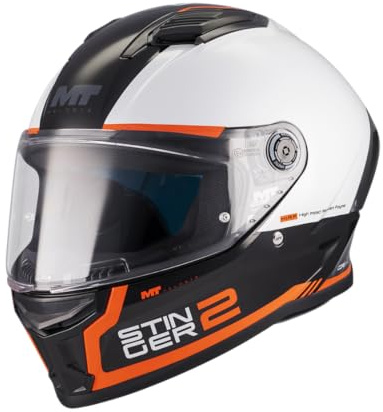MT Helmets Stinger 2 – Integraler Sport-Motorradhelm mit Anti-Fog-Scheibe, Pinlock-kompatibel, Full-Vision-Sonnenblende, waschbares Innenfutter und HIRP-Außenschale | ECE 22.06 & DOT zugelassen