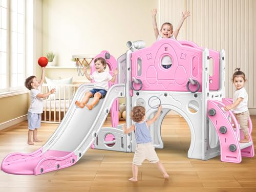 Kinder Rutsche: große Kleinkind Rutsche mit Basketballkorb, Indoor Outdoor Spielzeug für Kleinkinder 1-3 Jahre (Rosa)