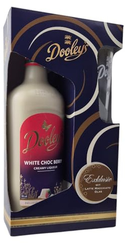 Dooley’s White Choc Berry 15% Vol. 0,7 L in Geschenkbox mit Latte-Macchiato-Glas | Veganer Likör mit weißer Schokolade & Beeren | Plant-Based | Laktosefrei