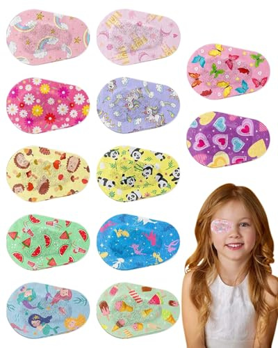 FUGLUS 12pcs Patchs pour Les Yeux pour Enfants, Cache Oeil Enfant, Adhésif Bandage pour Les Yeux Masque pour Les Yeux Doux Bloquant la Lumière Respirant Patch pour Les Yeux (7,5x5cm)
