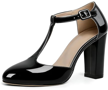 EDEFS Damen Mary Jane Lack Pumps mit T-Riemen9 cm Blockabsatz Geschlossene Pumps für Arbeit