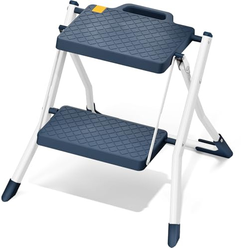 Urackify Escalera de 2 peldaños, Acero Resistente, peldaños Antideslizantes con asa, Plegable Segura con Bases Antideslizantes, Capacidad de Carga 150kg para hogar y Cocina, Azul