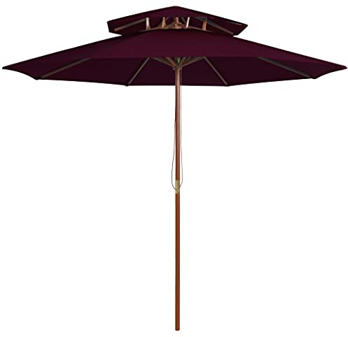Grand parasol avec double toit, protection UV et système de poulie, bordeaux, 270 cm, mât en bois robuste pour jardin, terrasse, balcon et piscine