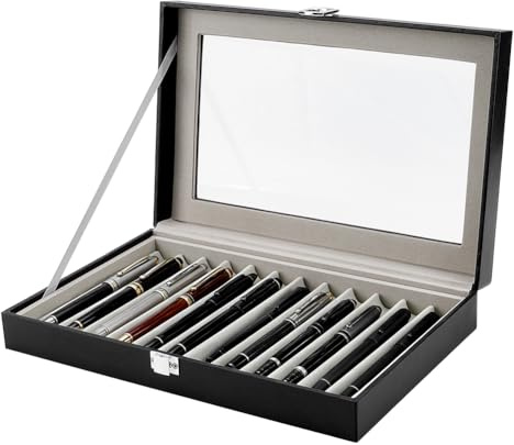 FINGERINSPIRE 12 Slot Fountain Pen Organizer 307x200x60mm PU Leather Pen Presentation Box with Clear Glass Window Pens Storage Box with Velvet Interior Protection Pens Display Case for Office Desktop