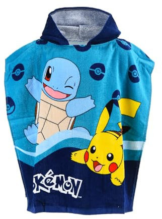 Pokemon Badeponcho Kinder 55x110 cm aus Baumwolle, Pikachu & Schiggy | 100% Reine Baumwolle, Saugstarke Frottier-Qualität, Mit Kapuze und Pokemon Motiv