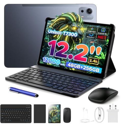 Easerush P12 Plus 12 Inch Tablet Android 16, 2.4K 120Hz, 48GB RAM+256GB ROM/TF 2TB, 12000mAh/18W, T7300 Octa-core, 5G WiFi, 8MP+13MP, Gemini AI, Face ID, OTG, Tablet with Keyboard/Pen/Headphone, Gray