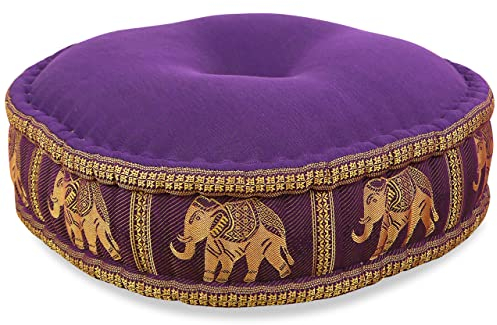 livasia Meditationskissen mit Thaiseide - Ø 45x15cm - Yogakissen mit Kapok, Pouf, Bodenkissen für Yoga und Zen Meditation, Sitzkissen für Garten und Balkon, Zafukissen (Lila/Elefanten Seide)