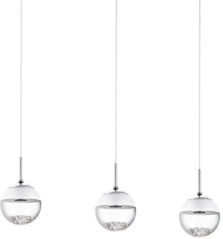 EGLO LED Pendelleuchte Montefio 1, 3 flammige Hängelampe, Pendellampe aus Metall, Glas und Kristall, Hängeleuchte in Chromfarben, Weiß, LED Esstischlampe warmweiß, L 87 cm