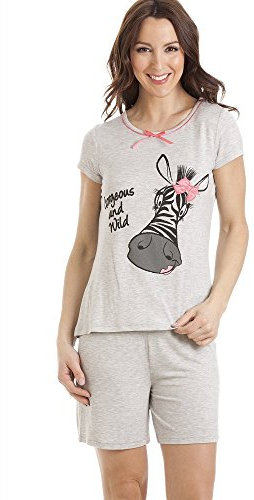 Camille Womens Zebra Motif Short Pyjama Set - Ladies Supersoft Lightweight & Breathable Pyjamas with Elasticated Shorts for Comfort and Style Grey 10-12