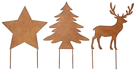 Gartenstecker Stern - Baum - Hirsch zum Stecken 3er Set in Rostoptik Metalldeko lackiert