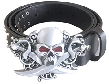 Jean's Friend New Gothic Skull Belt Gürtel Buckle Gürtelschnallen With Black Studded Genuine Leather Belt Gürtel (L 45 inches 115 cm)