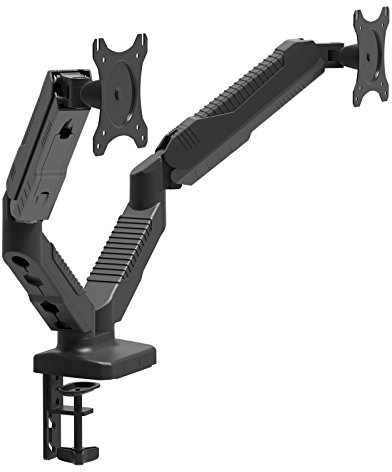 HFTEK Monitor TV Halter Mounts Doppel Tischhalterung für 2 Bildschirme von 15 bis 27 Zoll – VESA 75/100 vollbeweglich + höhenverstellbar + freischwingend (HF24GMCB)