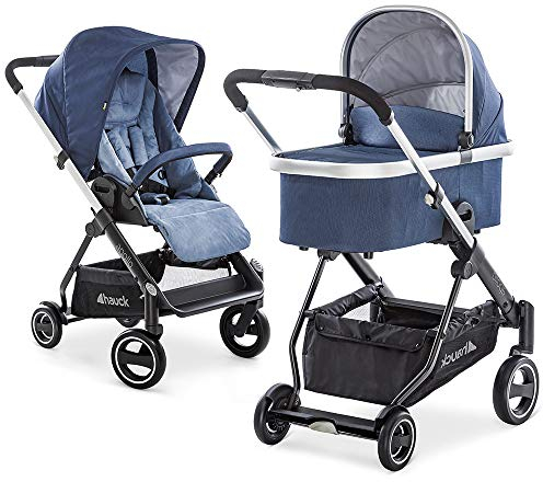 hauck Apollo Duoset Sportwagen + Beindecke + Babywanne, drehbar, bis 25 kg, Reflektoren, höhenverstellbarer Schiebegriff, kompakt faltbar, kompatibel mit Babyschale, schwarz denim/denim