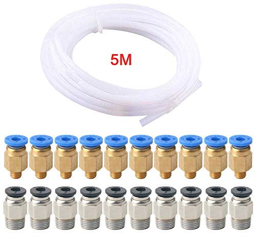 QitinDasen 5 Meter 3D Drucker PTFE Teflonschlauch, mit 10 Stück PC4-M6 Pneumatik Verbinder und 10 Stück PC4-M10 Pneumatik Verbinder