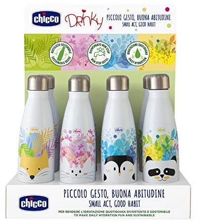 Chicco Drinky, Botella Termo para Niños, Botella de Acero Inoxidable Reutilizable, Duradera, Mantiene la Temperatura Hasta 6 Horas, Colores Surtidos - 1 unidad de 350 ml