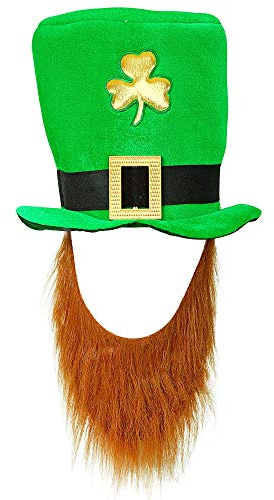 W WIDMANN MILANO Party Fashion 09840 - Zylinder St. Patrick´s Day mit Bart, Grün mit goldenem Kleeblatt, Ire, Hut, Kopfschmuck, Accessoire, Mottoparty, Karneval