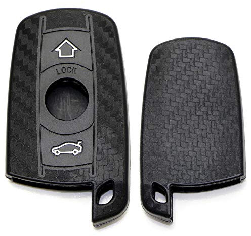 iJDMTOY Black Carbon Fiber Pattern Soft Silicone Key Fob Cover Compatible with BMW First Gen Key Fob E90 E91 E92 E93 E60 E61 E63 E64 E70 E71 3 5 6 Series X5 X6 w/Comfort Access Keyless Entry Feature