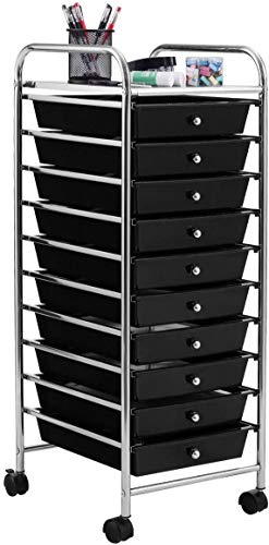 RELAX4LIFE Rollwagen mit 10 Schubladen, Rollcontainer Großer Stauraum, Badrollwagen Metallgestell, Badtrolley mit Farbwahl, Badregal mit Rollen, Haushaltswagen, 32,5 x 37 x 86cm (Schwarz)