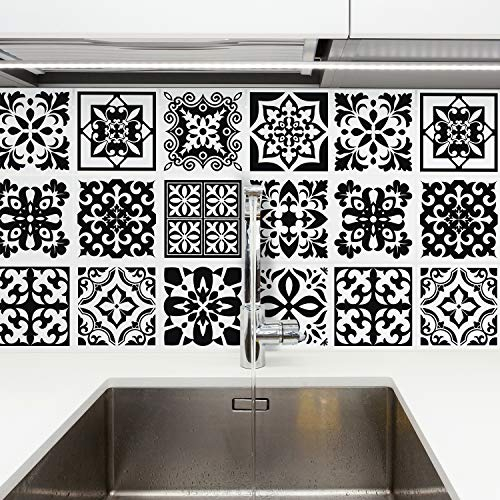 Calli Black and White Mediterranean Wall Tile Sticker Set - 15 x 15 cm (6 x 6 in) - 24 pcs, DIY Art, Home Decorations, Decals, Kitchen Decor, Bathroom Ideas