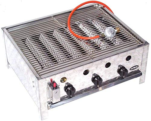 D&L Barbecue à gaz professionnel 55510 + kit de barbecue 511 avec grille, couvercle de brûleur et bac récupérateur de graisse, cocotte à gaz en acier inoxydable 10 kW 3 feux, rôtissoire à gaz,