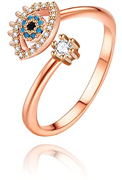 Gold Evil Eye Ring for Women 14k Real Gold Plated Silver Rose Gold Adjustable Rings Cubic Zirconia Open Ring for Teen Girls gold