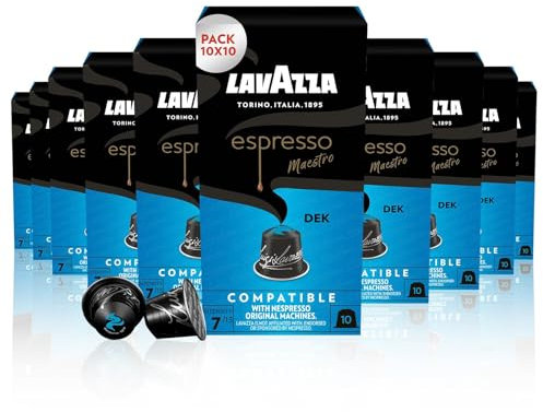Lavazza, Dek, 100 Capsules Café en Aluminium Compatibles avec les Machines Nespresso Original, Café Décaféiné, Notes de Fruits Secs, Arabica et Robusta, Intensité 7/13, Torréfaction Claire, 10 Paquets