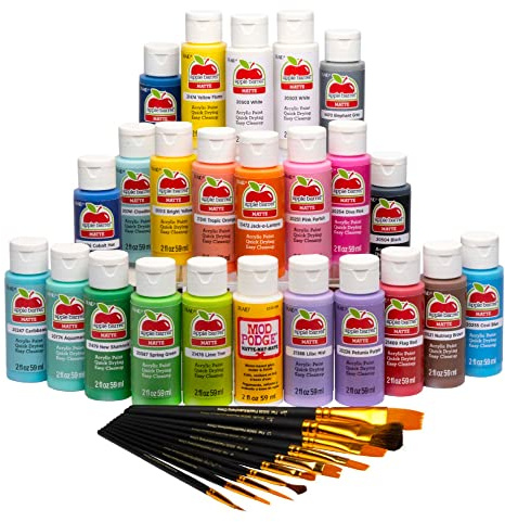 Apple Barrel Art Lessons Paint and Brush Set, 34 pc Kit Including 23 2 fl oz Apple Barrel Acrylic Paint Colors, 1 2 fl oz bottle of Mod Podge Matte, 10 FolkArt Brushes, 6 Video Lessons And More